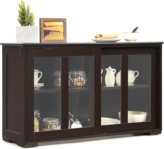 Costzon Sideboard Buffet Cabinet, Wooden Kitchen Storage Cabinet with Adjustable Shelf, Sliding Glass Doors, Accent Coffee Bar Cabinet Console Table for Living Room, Dining Room, Hallway (Coffee)