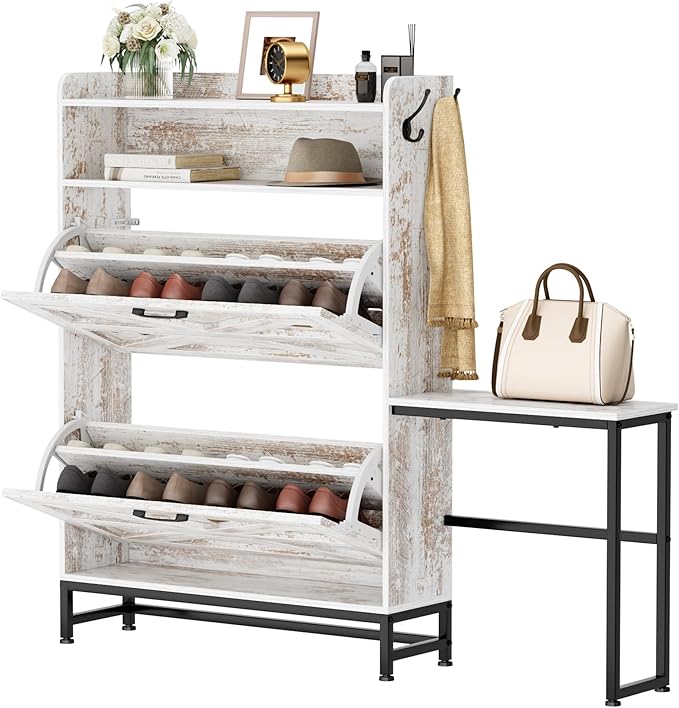 Vibe & Dine Shoe Cabinet with 2 Flip Drawers and Shoe Bench, Farmhouse Shoe Storage Cabinet for Entryway, Freestanding Slim Shoe Organizer Cabinet, Narrow Shoe Rack Cabinet with Metal Legs, White