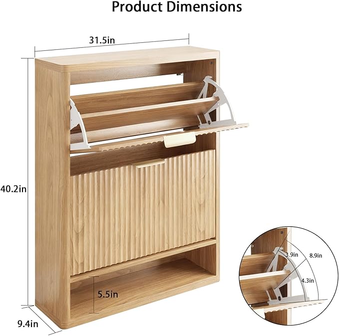 Fluted Shoe Cabinet Storage with 2 Flip Drawers, Narrow Shoe Storage Organizer for Entryway, Hidden Slim Wooden Shoe Rack Cabinet for Front Door Entrance, Hallway, Living Room (2-Drawer, Oak)