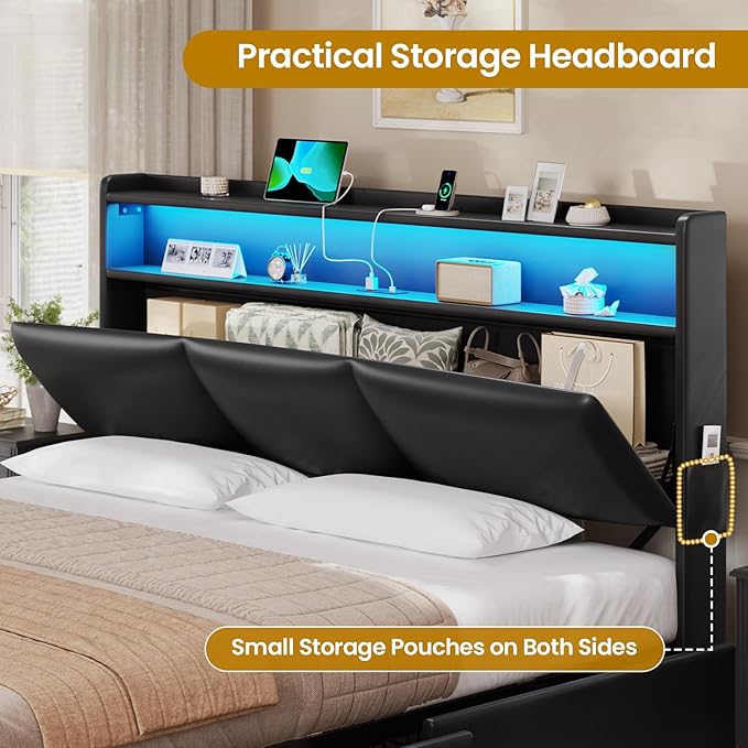 VIAGDO King Bed Frame with Storage Headboard and Charging Station, Leather Upholstered Bed Frame King Size with 4 Drawers and LED Lights, Type C and USB, No Box Spring Needed, Black