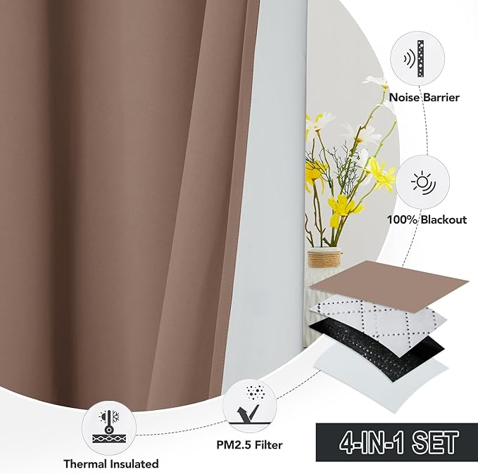 RYB HOME Soundproof & Dust Particle Filtering Curtains Blackout Window Treatment for Bedroom Living Room Divider Nursery Daytime Sleeping Patio Door, Mocha, W52 x L 102 inch, 2 Panels