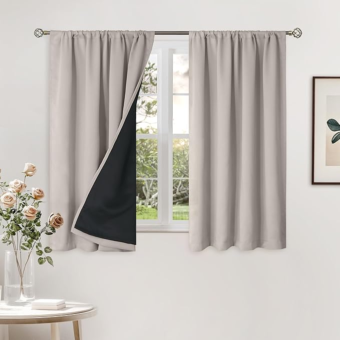 BGment Short Blackout Curtains for Bedroom, Thermal Insulated Full Room Darkening Soundproof Rod Pocket Small Window Curtains 45 Inch Length, 2 Panel, Each Panel 42 Inch, Cashmere