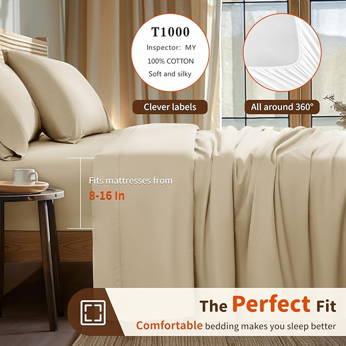 LBRO2M 1000 Thread Count 100% Egyptian Cotton Sheets Set Twin XL, 3 Piece Sets Bed Sheet Deep Pocket Sheet Set 16" Soft Comfortable All Season (Twin XL, Linen)