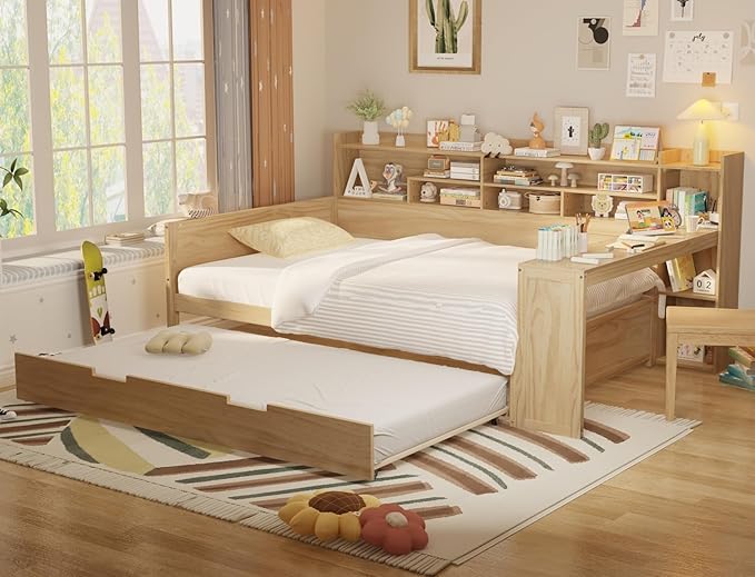 Merax Full Size Corner Bed Frames with Desk and Trundle & Storage Shelves Headboard, Pinewood U-Shaped Captain Daybed for Small Room, Bedroom, Guest Room, Kids' Room, Natural