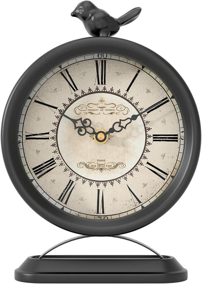 Vintage Table Clock with Bird, European Antique Style Black Mantel Clocks, Desk and Shelf Decor Clock, for Farmhouse, Bedside, Living Room, Bedroom, Gift (9" H x 6.5" W)