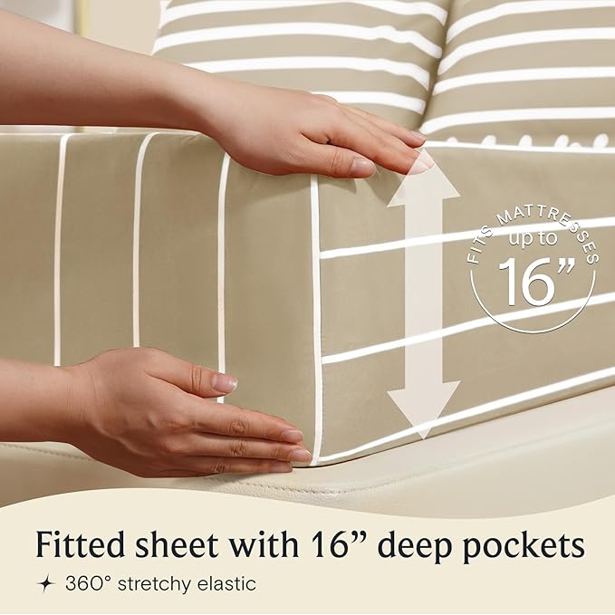 LuxClub 4 PC Queen Sheet Set, Deep Pockets Wrinkle Free Cooling Bed Sheets Hotel Bedding for Women, Men, Includes 1 Fitted Sheet, 1 Flat Sheet and 2 Pillowcases-Striped - Cream