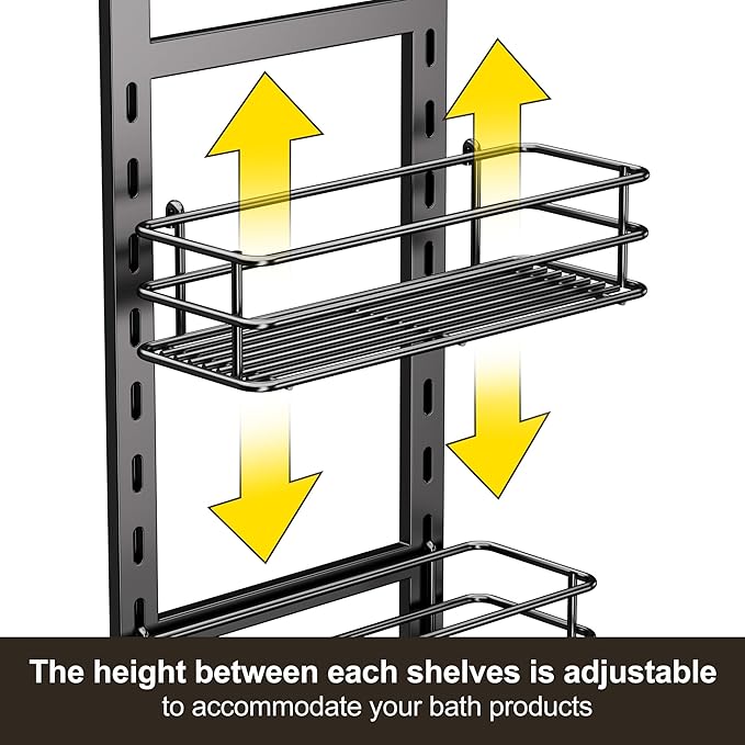 Orimade Adjustable Anti-slip Shower Caddy over Head, Rustproof Bathroom Hanging Shower Organizer with 2 Hooks for Razor, No Drilling Shower Shelves Storage Rack 2 Tier, Black
