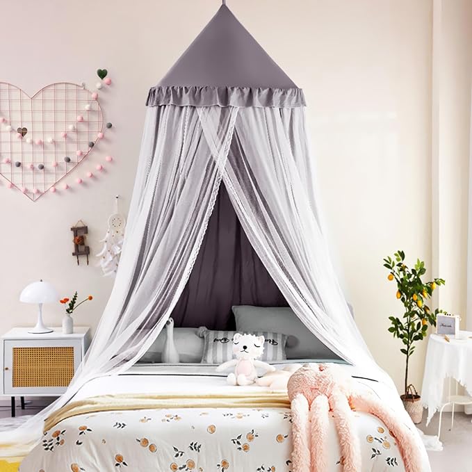 Kertnic 31.5inch Large Dome Bed Canopy for Girls, Double Layer Dreamy Ruffle Princess Canopy, Bedroom Hanging Tent Kids Reading Nook Canopies,Full Queen Bed Canopy Curtain (Gray)