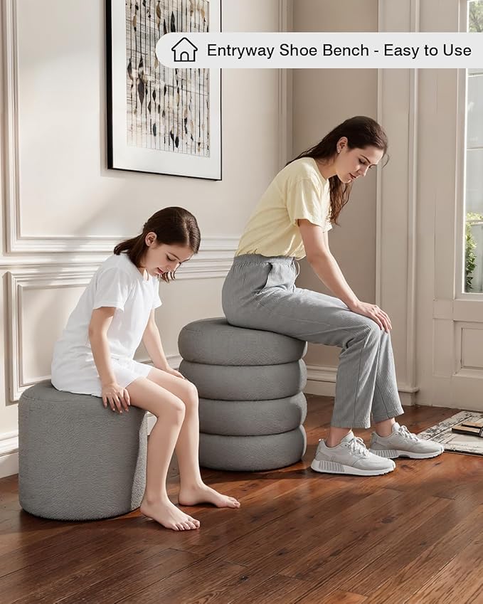 Round Set of 2 Sherpa Storage Ottoman Stool Boucle Vanity Stool Footstool with Removeable lid Load up to 440 lbs for Livingroom Bedroom Gray UASND68G