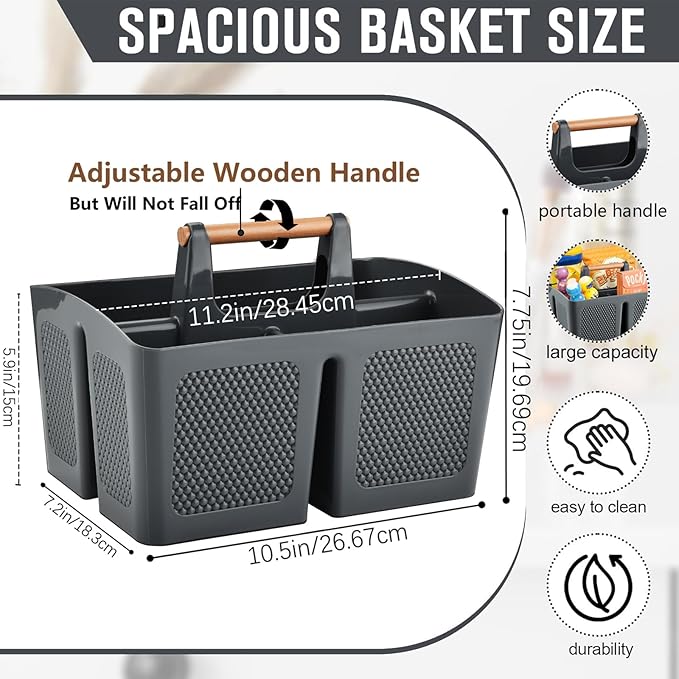 Haundry Plastic Gray Shower Caddy Basket with 3 Compartments, Portable Divided Bathroom Cleaning Caddy Organizer Storage Tote with Handle for Dorm,College, Room Essentials