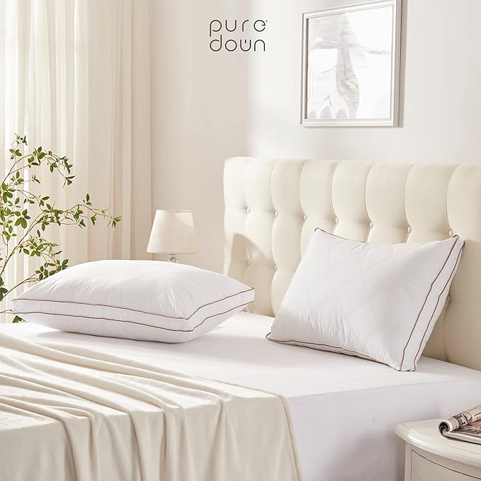 puredown® Goose Feathers and Down Pillow for Sleeping Hotel Collection Bed Pillows, Gusseted, King, Set of 2