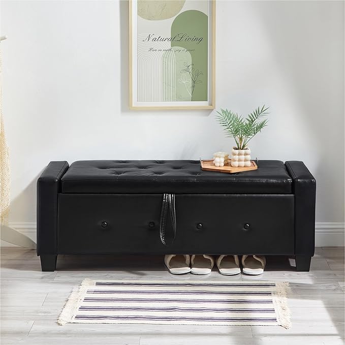 48“ Storage Ottoman Bench, Upholstered Button-Tufted End of Bed Bench with Soft-Close Hinge & Solid Wood Legs, Foot Rest for Living Room, Bedroom, Hallway (Faux Leather, Black)