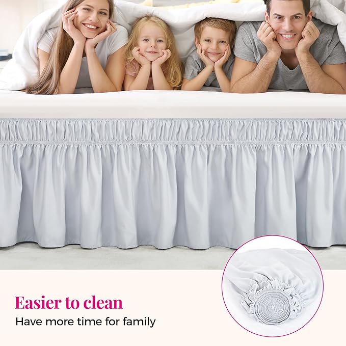 RIMELA Ice Grey Bed Skirt King Size 15 Inch Drop, Elastic Bed Skirting for Bed Base and Frame, Bedding Dust Ruffle Easy to Install, Lightweight Wrap Around Adjustable Bedskirt
