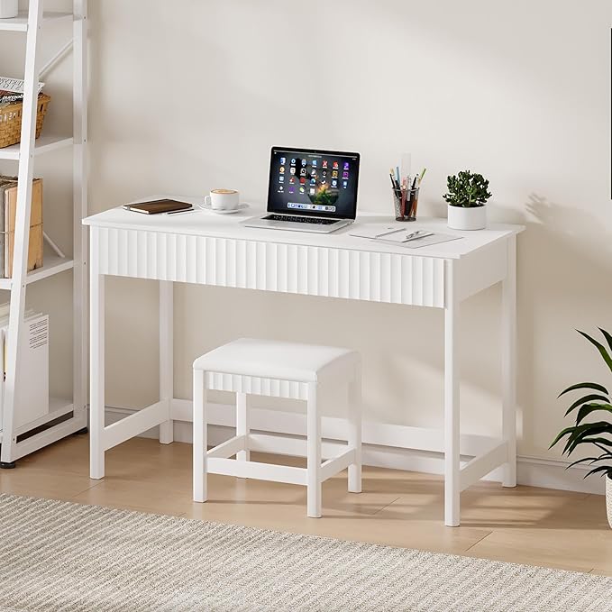ChooChoo 47.2 Inch Modern Desk with Drawers, Makeup Vanity Desk with Padded Stool, Writing Computer Desk for Home Office & Bedroom, White