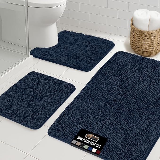 GORILLA GRIP Bathroom Rug Sets 3 Piece, Bath Mat Set and Oval Toilet Base with Rubber Backing, Plush Absorbent Shaggy Chenille Washable Mats, Includes 24x19.5, 24x17 and 36x24 Inch Rugs, Navy