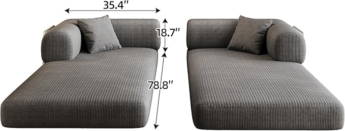 79" Convertible Sofa Bed, Corduroy Folding Pull Out Couch with Pillows, No Assembly Modern Boneless Couch Compression Sofa in Box, Floor Sofa with Support Rods for Living Room,Grey