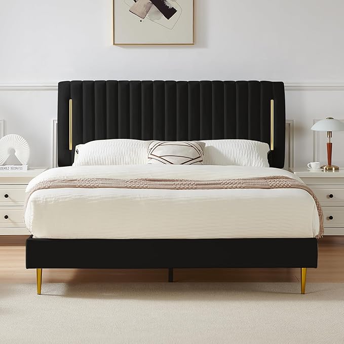 Queen Platform Bed Frame, Velvet Upholstered Bedframe with Vertical Channel Adjustable Headboard, Golden Plating Trim, Mattress Foundation with Wooden Slats, No Box Spring Needed, Black