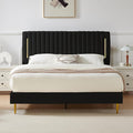 Queen Platform Bed Frame, Velvet Upholstered Bedframe with Vertical Channel Adjustable Headboard, Golden Plating Trim, Mattress Foundation with Wooden Slats, No Box Spring Needed, Black