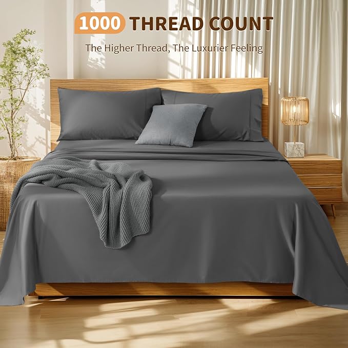 LBRO2M 100% Cotton Sheets Set Deep Pocket 19", 1000 Thread Count California King Size 4 Piece Bed Sheet Sets Soft Comfortable Bedding All Season (California King, Dark Grey)