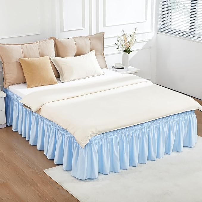 RIMELA Light Blue Bed Skirt Queen Size 18 Inch Drop, Elastic Bed Skirting for Bed Base and Frame, Bedding Dust Ruffle Easy to Install, Lightweight Wrap Around Adjustable Bedskirt
