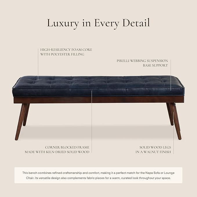 POLY & BARK 55" Tufted Leather Bed Bench for Bedroom End of Bed - Living Room Entry Way Bench - Pure Italian Leather Upholstery with a Solid Wood Frame - Ottoman Bench with Wooden Legs - Midnight Blue