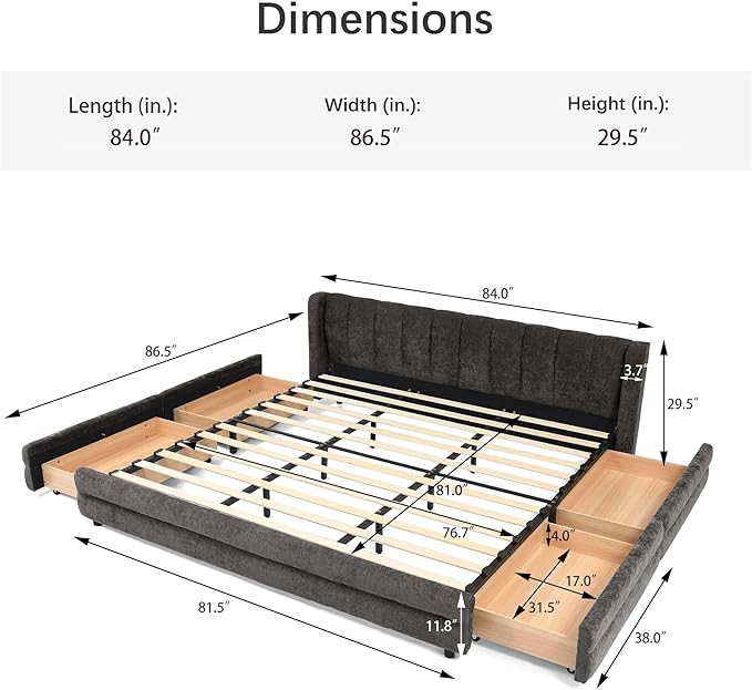 DEINPPA King Size Bed Frame with 4 Storage Drawers and Cloud Soft Headboard, Chenille Upholstered Grounded Wood Base Bed Frame, No Box Spring Needed-Dark Grey