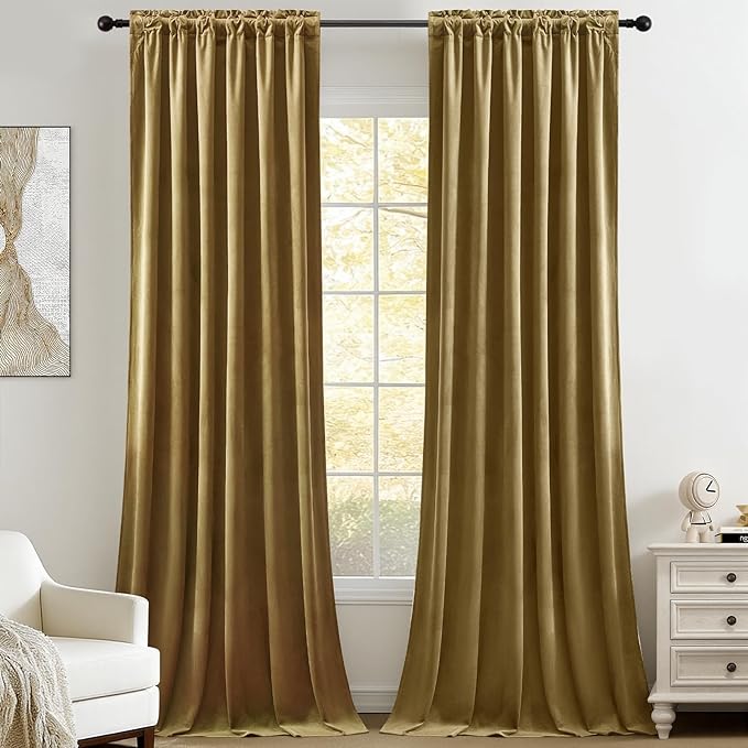 AUSSPVOCT Brown Velvet Curtains 84 Inches for Living Room, Elegant Sound Reducing Thermal Insulated Drapes Room Darkening Luxury Blackout Curtain for Bedroom, Back Tab Rod Pocket, Goldbrown, 2 Panels