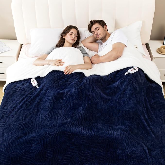Heated Blanket Queen Size - 84"x90" Cozy Soft Jacquard Heating Blanket with 4 Heat Levels & 10 Hours Auto-Off, Jacquard Fleece, Overheating Protection, Warm Gifts, Navy
