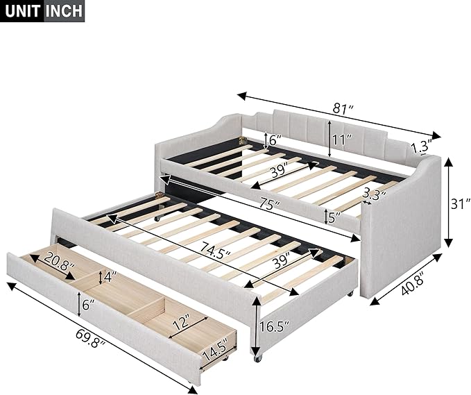Favfurish Twin Size Upholstered Daybed with Trundle and 3 Lower Drawers,Linen Sofa Bed for Apartment Living Room Guest Room,Solid Wood Day Bed Frame,No Box Spring Needed,Beige