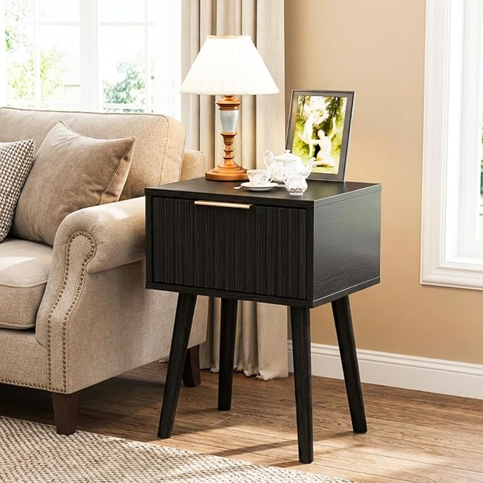 VINGLI Night Stand, Fluted Nightstand Wood, Mid Century Modern Nightstand for Bedroom, Bedside Table, Wood Side Table, Small Night Stand Black, 15.75" W*11.81" D*21.85" H