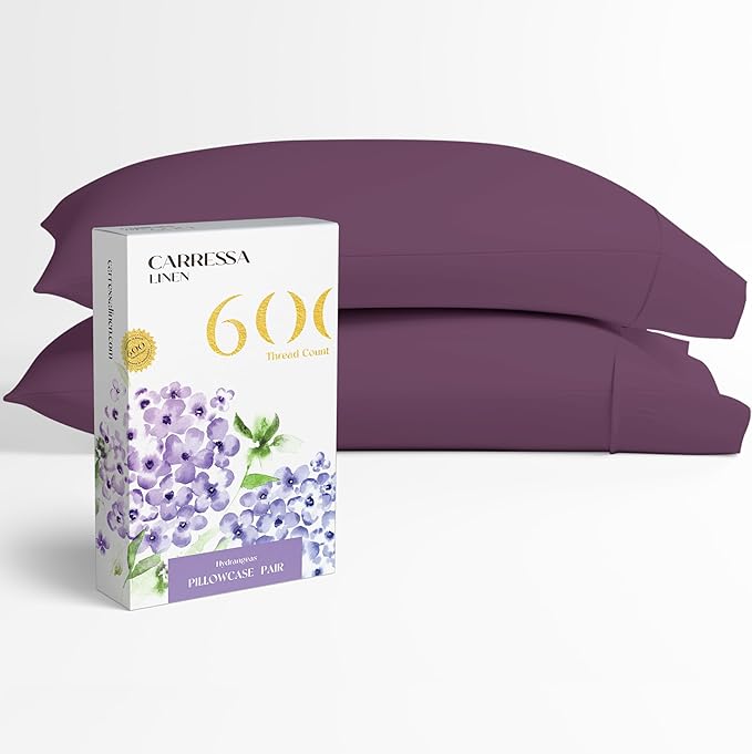 Carressa Linen 100% Egyptian Cotton Pillow Cases Queen Size Set of 2 - Luxury 600 Thread Count Plum Standard/Queen Size Pillowcases, Silky Soft, Cooling Sateen Weave Hotel Quality Bed Pillow Cover