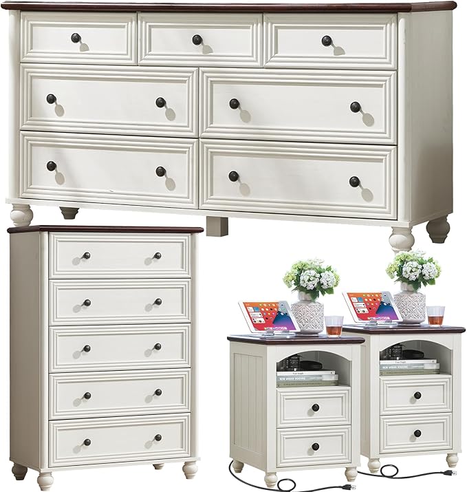 Farmhouse Dressers & Night Stand Set of 4, Wood 54" Wide Dresser & 45" Tall Chest of Drawers, 18" with Charging Station Nightstand Set of 2, Bedroom Furniture Dresser Set for Home Living Room Hallway