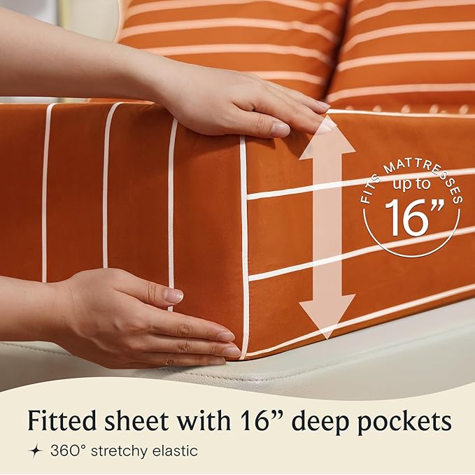 LuxClub 3 PC Sheet Set Bed Sheets Deep Pockets 16" Wrinkle Free Cooling Machine Washable Hotel Bedding Silky Soft - Striped-Autumn Orange Twin