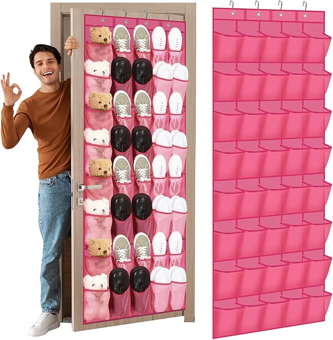 Windyun 40 Over the Door Shoe Organizer Large Mesh Pocket Hanging Shoe Rack for Closet Rose Red Nonslip Behind Door Storage Holder Back to School Organizer for Dorm Room College Classroom Storage