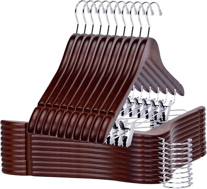 Quality Wooden Skirt Hangers with Clips 80-Pack Walnut Pants Hangers with Adjustable Chrome Metal Clips, Swivel Hook, Coat, Jacket, Blouse Suit Hangers (Walnut - Chrome Hook, 80)