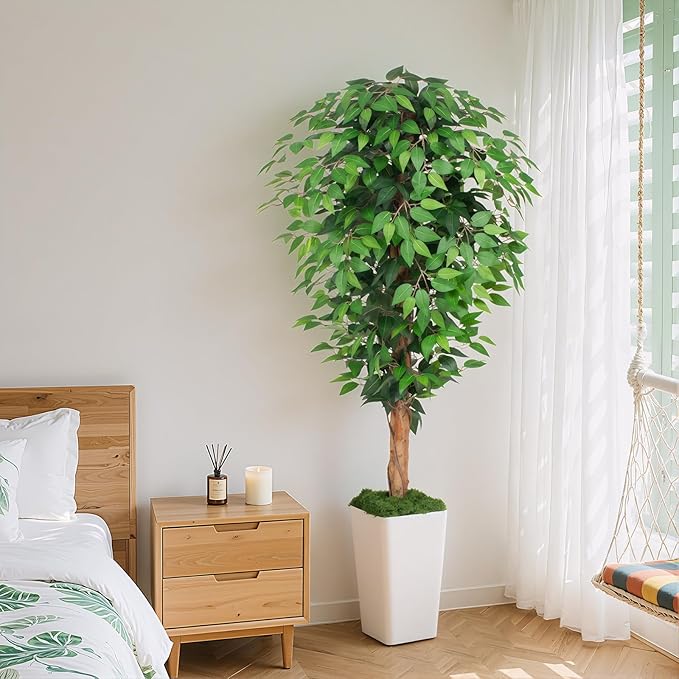 5ft Ficus Artificial Tree with 3 Natural Curved Trunks, 60" Tall Lush Faux Tree for Home Decor Indoor, Green Lifelike Fake Ficus Tree with White Planter Pot