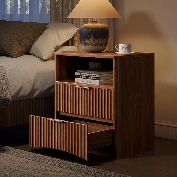 Evermagin Fluted Nightstand with Charging Station, Walnut Bedside Table with 2 Drawers, Wood End Table with Storage Mid Century Modern, Large Night Stand for Bedroom