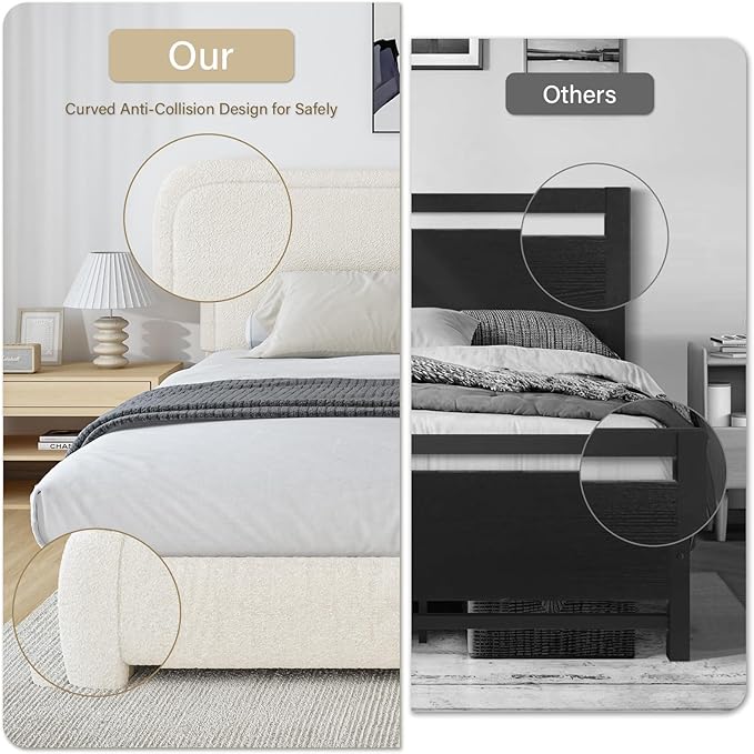BarnFurin Boucle Upholstered Bed Frame King Size/Cloud Bed Frame/Soft Rounded Corners Headboard/Low Profile/No Box Spring Needed/Cream