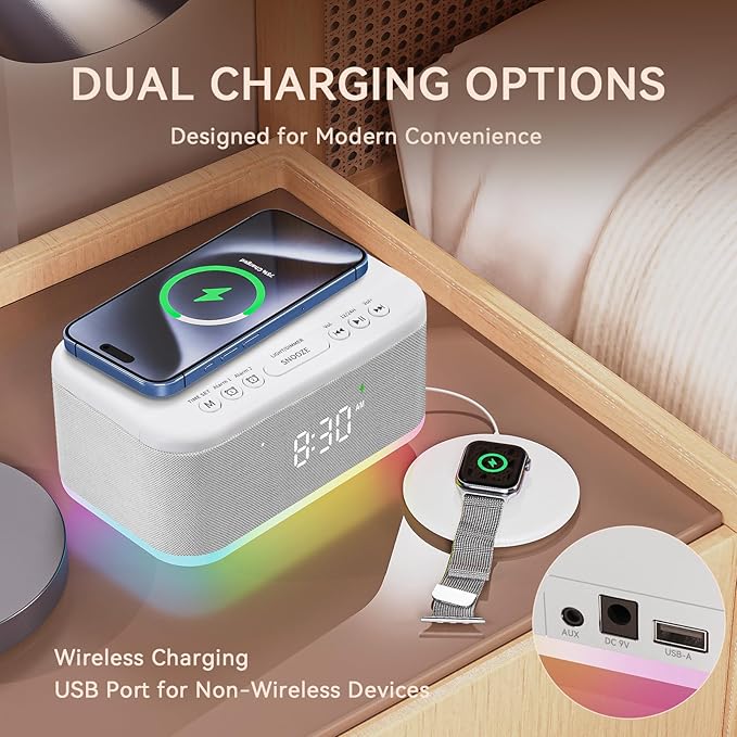 Wireless Charging Alarm Clock Bedroom, Loud Digital Alarm Clocks Bedrooms, Alarm Clock Night Light Speaker 8W Snooze Dual Alarm 12/24H Adjustable Brightness Dimmer Bluetooth, White