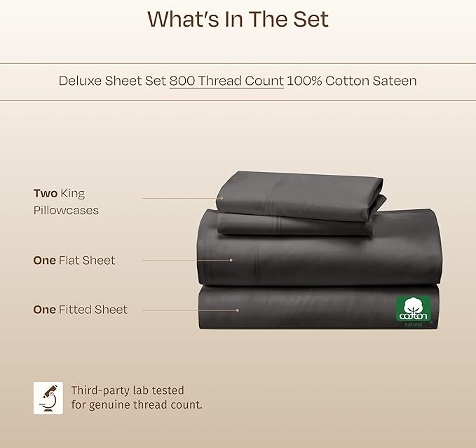 California Design Den Luxury 100% Cotton Sheets King Size Sheet Set - Buttery Soft 800 Thread Count Sateen, Deep Pocket Bedding Set - Grey