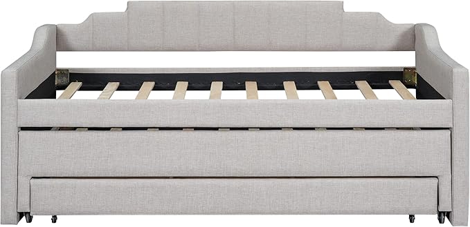 Favfurish Twin Size Upholstered Daybed with Trundle and 3 Lower Drawers,Linen Sofa Bed for Apartment Living Room Guest Room,Solid Wood Day Bed Frame,No Box Spring Needed,Beige