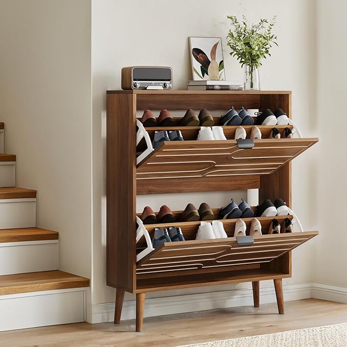 Vibe & Dine Modern Shoe Cabinet with 2 Flip Drawers, Shoe Storage Organizer for Entryway Slim, Freestanding Wood Shoe Rack Cabinet for Hallway, Bedroom, Living Room, Walnut
