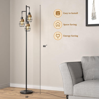 Oneach 68" Floor Lamps for Living Room, Stepless Dimmable Boho Floor Lamp with 3 Bulbs, Tall Farmhouse Industrial Corner Standing Tree Lamp for Bedroom, Office, Study Room, Dining Room, Black