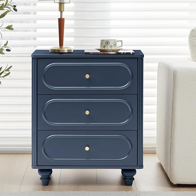 3 Drawer Fluted Dresser for Bedroom Set of 2, Mid Century Modern Chest of Drawers, Wood Storage Small Dresser Organizer for Bedroom Living Room Hallway Closet, Blue