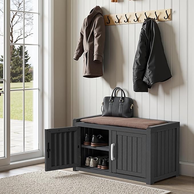 ROJIK Shoe Cabinet Waterproof UV-Resistant,Storage Bench Indoor Outdoor with Adjustable Shelves,for Entryway Bedroom,Hallway,Living Room(Double Door,Black)