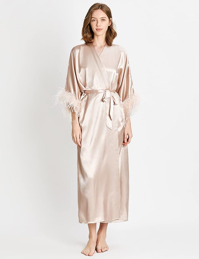 PRODESIGN Satin Kimono Robe Long Silky Bathrobe with Ostrich Feather Trim Sleepwear Wedding Bridesmaid Dressing Gown