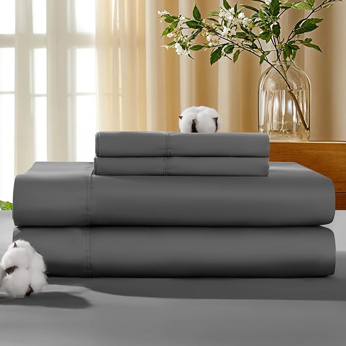 LBRO2M 100% Cotton Sheets Set Deep Pocket 19", 1000 Thread Count Full Size 4 Piece Bed Sheet Sets Soft Comfortable Bedding All Season (Full, Dark Grey)