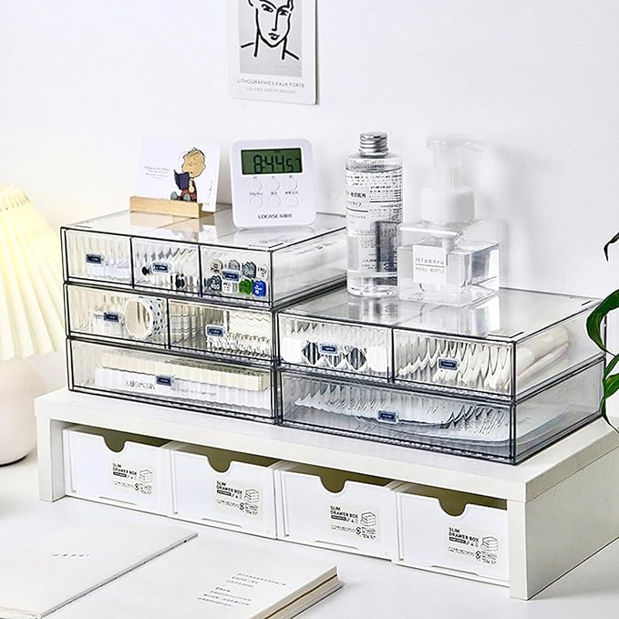 Desk Drawer Organizer, Stackable Office Supplies Desk Organizer, Plastic Plastic Storage Drawer, Desk Grocery Organizer For Stationery/Office Supplies (Clear, 2-Compartment)