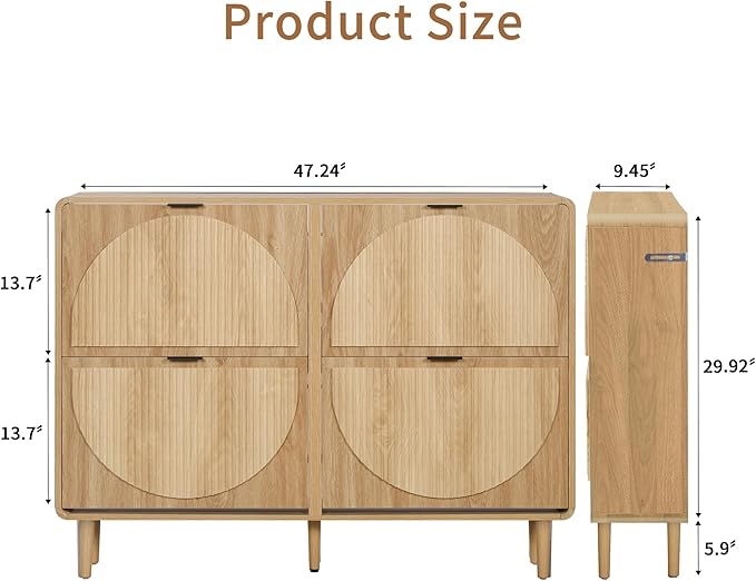 Shoe Storage Cabinet for Entryway, Narrow Shoe Organizer Cabinet, 4 Flip-Down Drawers, Round Fluted Panel, Hidden Wood Slim Shoe Rack for Foyer, Hallway (Natural)
