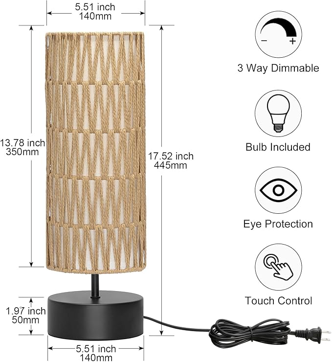 Rattan Table Lamp, Touch Control Bedside Table Lamp with Black Base, 3 Way Dimmable Nightstand Lamp with Dual-layer Shade, Boho Night Light for Bedroom Living Room Home Office, 9W LED Bulb Included
